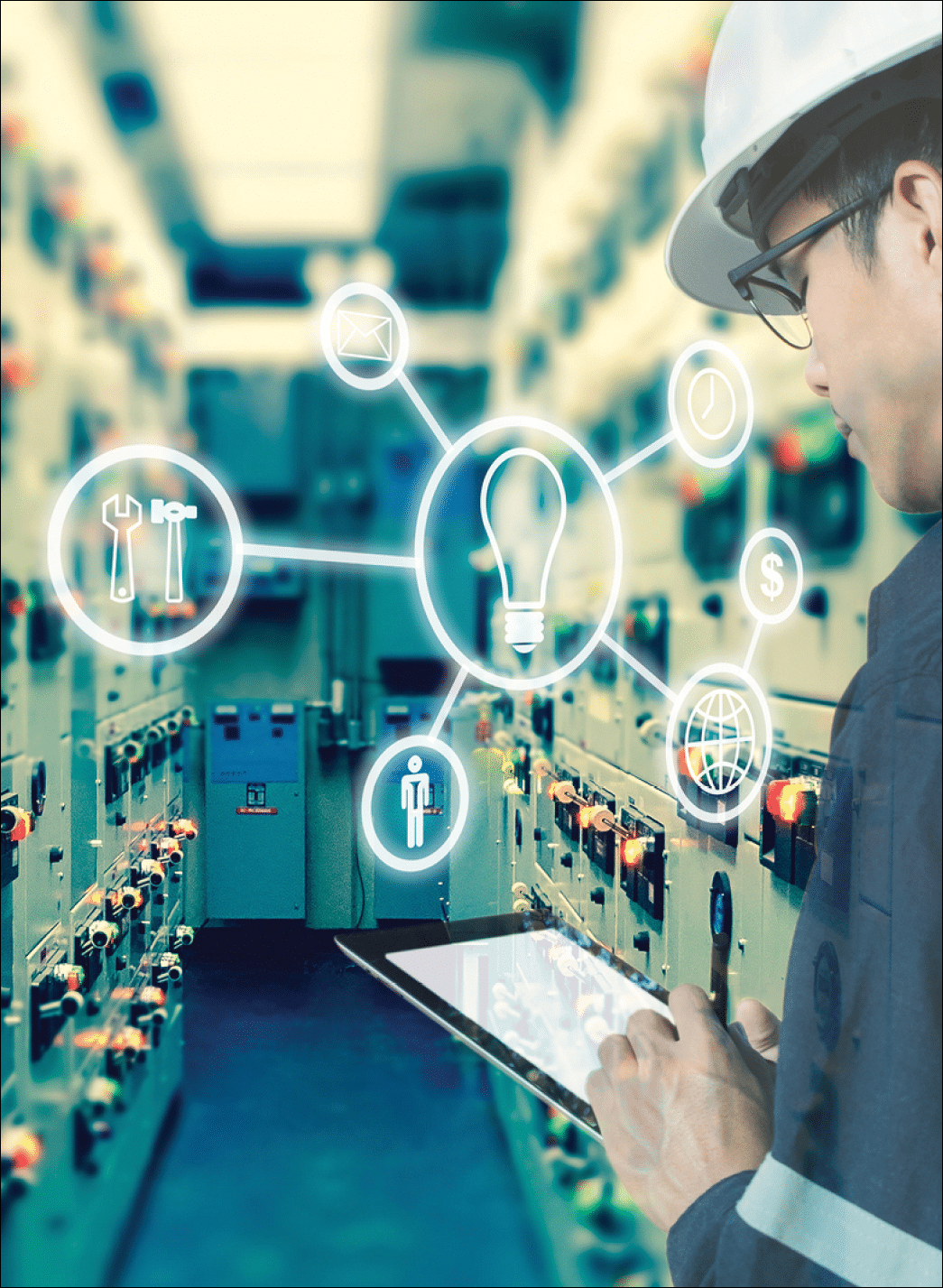 Double exposure of Engineer or Technician man using tablet in switch gear electrical room oil and gas platform or plant industrial with tools icon business and electrical industry concept 