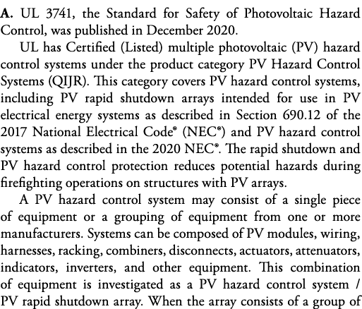 A  UL 3741, the Standard for Safety of Photovoltaic Hazard Control, was published in December 2020  UL has Certified    