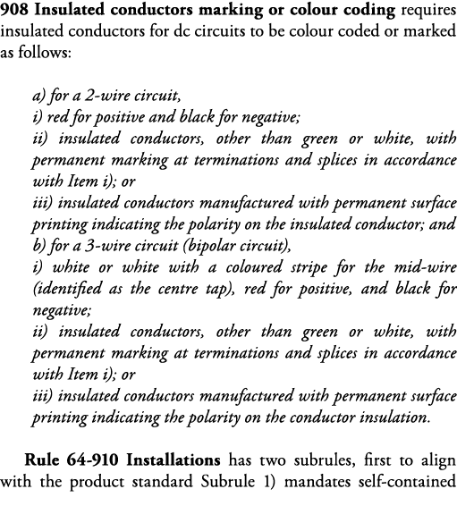 908 Insulated conductors marking or colour coding requires insulated conductors for dc circuits to be colour coded or   