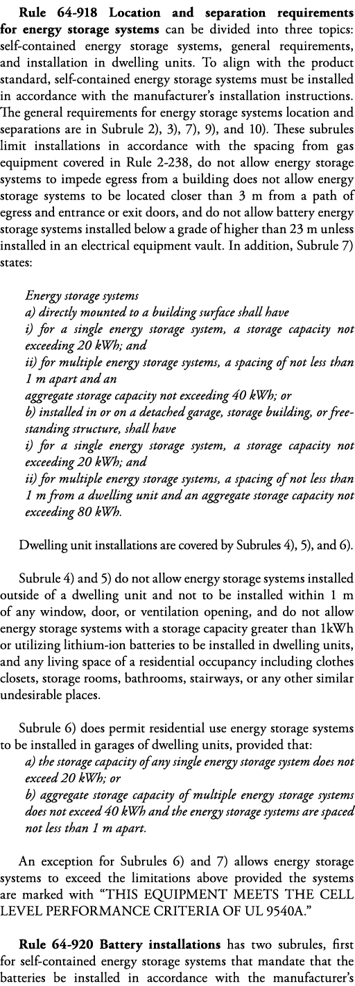 Rule 64-918 Location and separation requirements for energy storage systems can be divided into three topics: self-co   