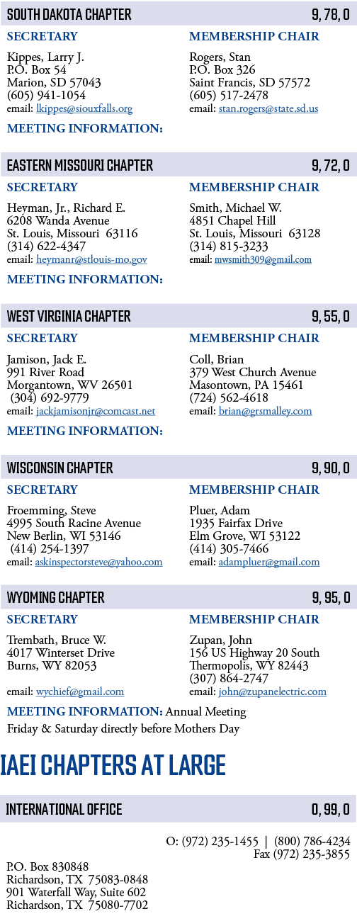             IAEI CHAPTERS AT LARGE                             O: (972) 235-1455   (800) 786-4234                       