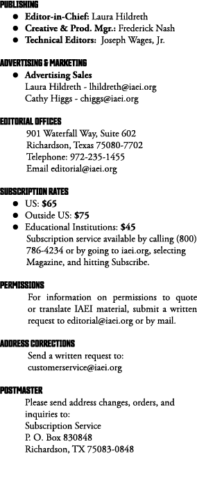 PUBLISHING   Editor-in-Chief: Laura Hildreth   Creative & Prod  Mgr : Frederick Nash   Technical Editors: Joseph Wage   