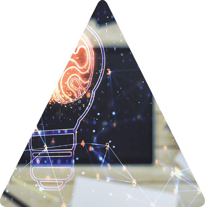 Double exposure of creative light bulb hologram with human brain and digital tablet on background, top view, idea and brainstorming concept