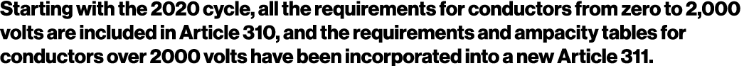 Starting with the 2020 cycle, all the requirements for conductors from zero to 2,000 volts are included in Article 31   