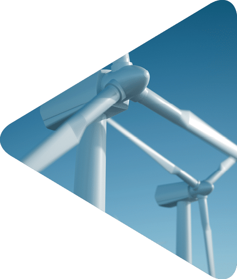 White wind turbine generating electricity on blue sky