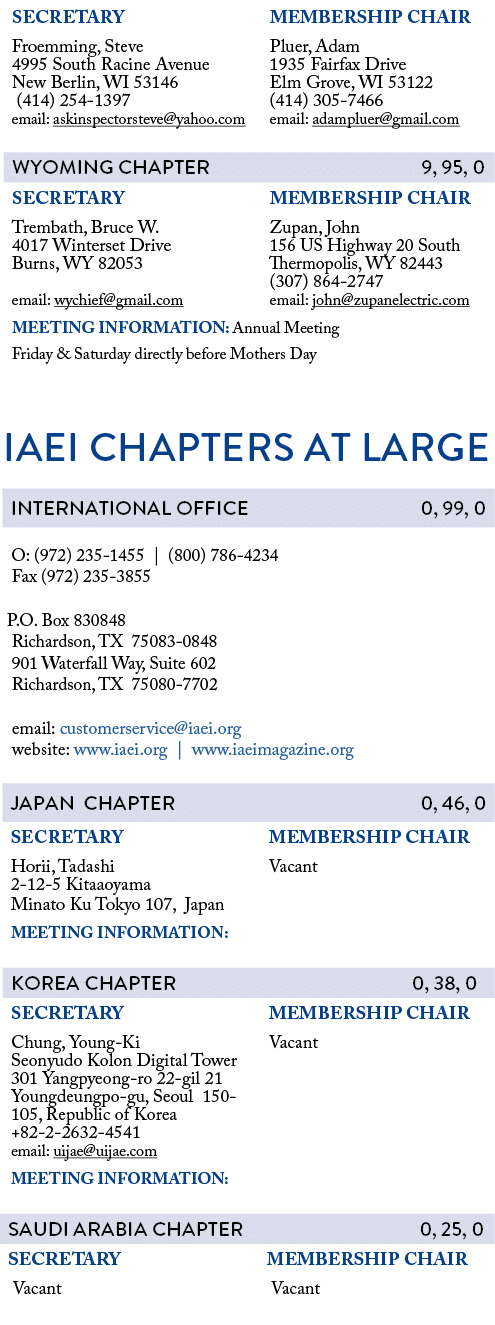      IAEI CHAPTERS AT LARGE          O: (972) 235-1455   (800) 786-4234  Fax (972) 235-3855   P O  Box 830848  Richar   