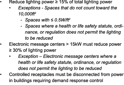   Reduce lighting power   15% of total lighting power   Exceptions - Spaces that do not count toward the 10,000ft2 -    