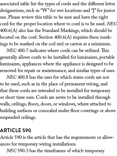 associated table list the types of cords and the different letter designations, such as  W  for wet locations and  J    