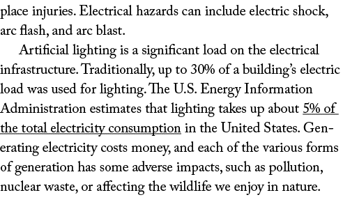 place injuries  Electrical hazards can include electric shock, arc flash, and arc blast  Artificial lighting is a sig   