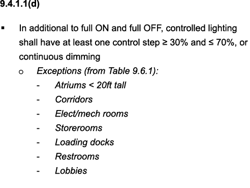 9 4 1 1(d)   In additional to full ON and full OFF, controlled lighting shall have at least one control step   30% an   