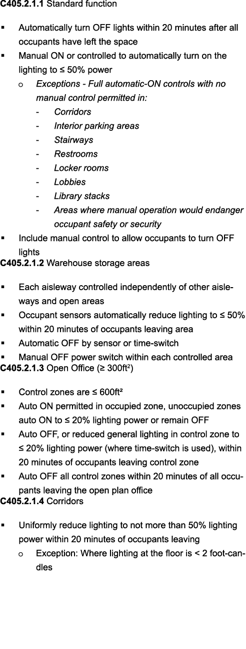 C405 2 1 1 Standard function   Automatically turn OFF lights within 20 minutes after all occupants have left the spac   