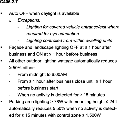 C405 2 7   Auto OFF when daylight is available o Exceptions: - Lighting for covered vehicle entrance exit where requi   