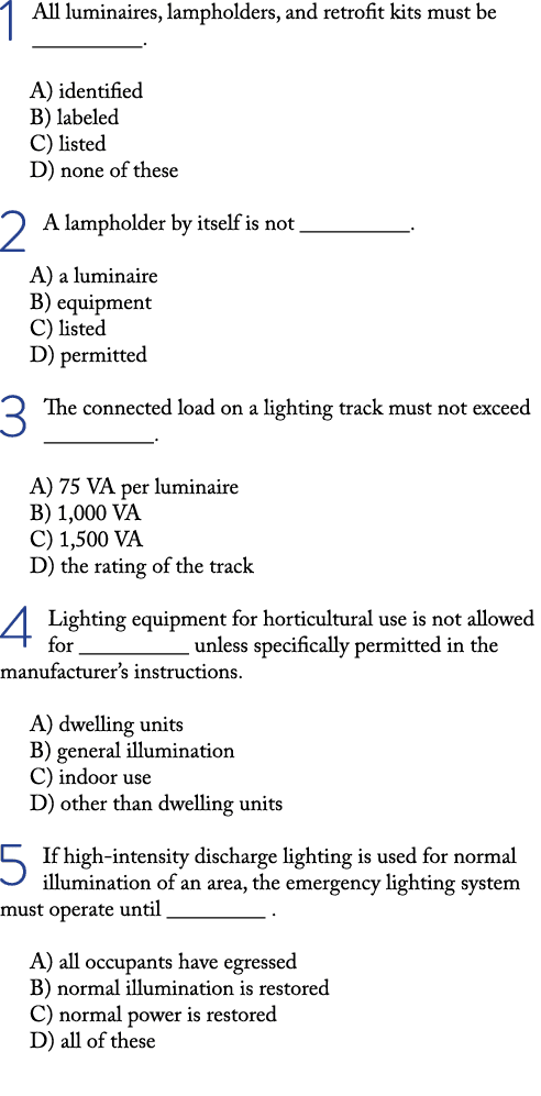1 All luminaires, lampholders, and retrofit kits must be  __________  A) identified B) labeled C) listed D) none of t   