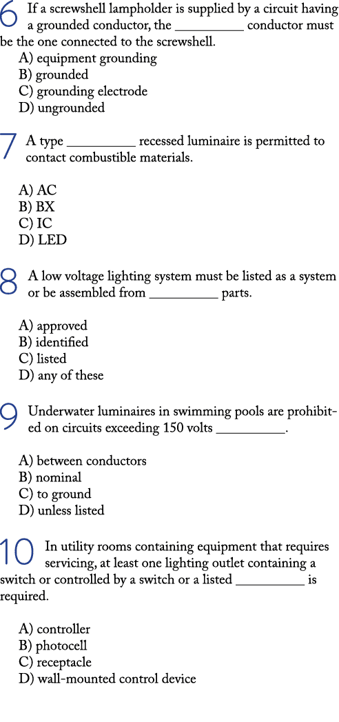 6 If a screwshell lampholder is supplied by a circuit having a grounded conductor, the __________ conductor must be t   