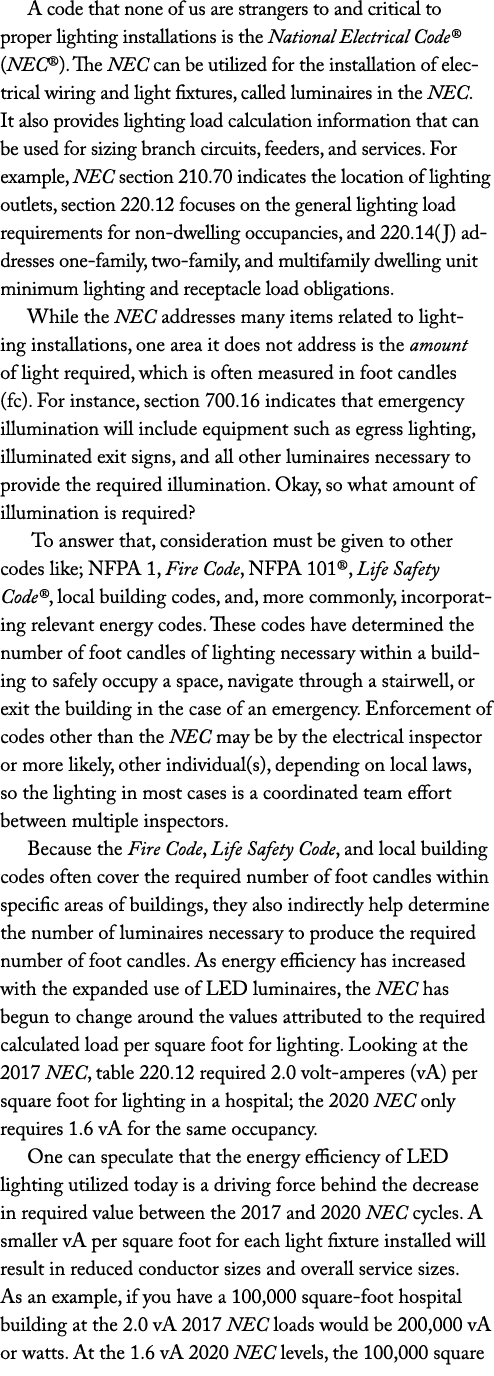A code that none of us are strangers to and critical to proper lighting installations is the National Electrical Code   