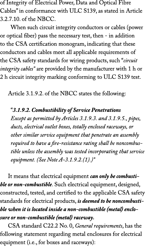 of Integrity of Electrical Power, Data and Optical Fibre Cables  in conformance with ULC S139, as stated in Article 3   