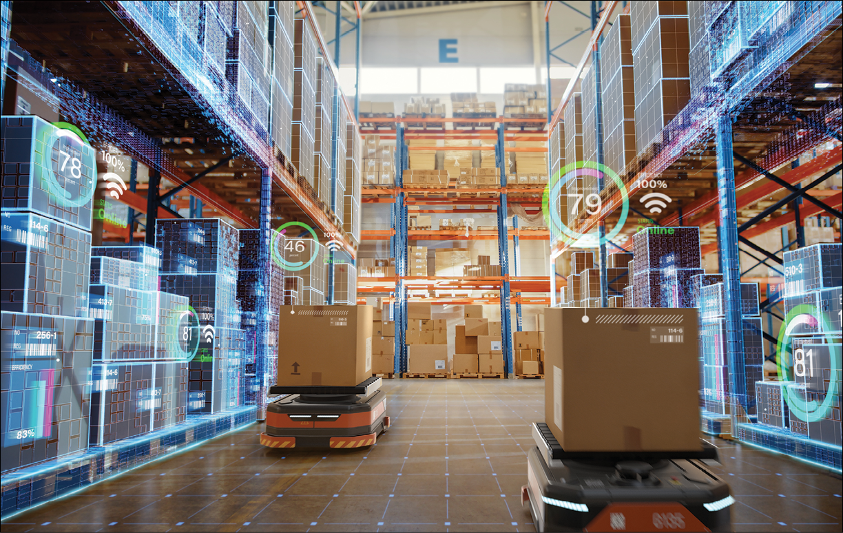 Future Technology 3D Concept: Automated Retail Warehouse AGV Robots with Infographics Delivering Cardboard Boxes in Distribution Logistics Center  Automated Guided Vehicles Goods, Products, Packages