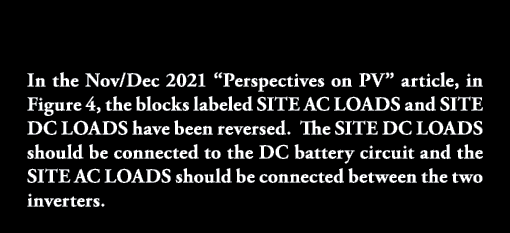 In the Nov Dec 2021  Perspectives on PV  article, in Figure 4, the blocks labeled SITE AC LOADS and SITE DC LOADS hav   