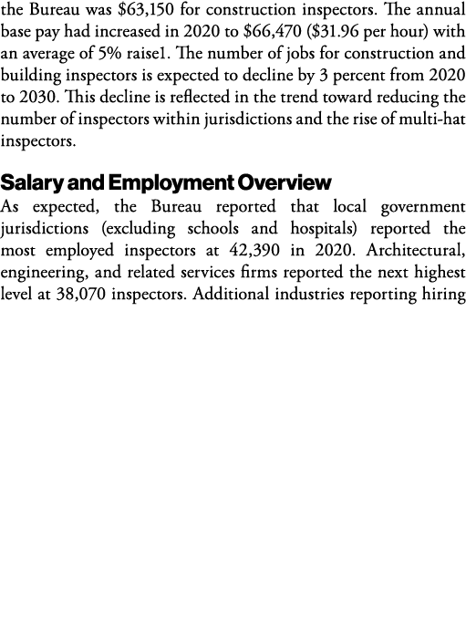 the Bureau was  63,150 for construction inspectors  The annual base pay had increased in 2020 to  66,470 ( 31 96 per    