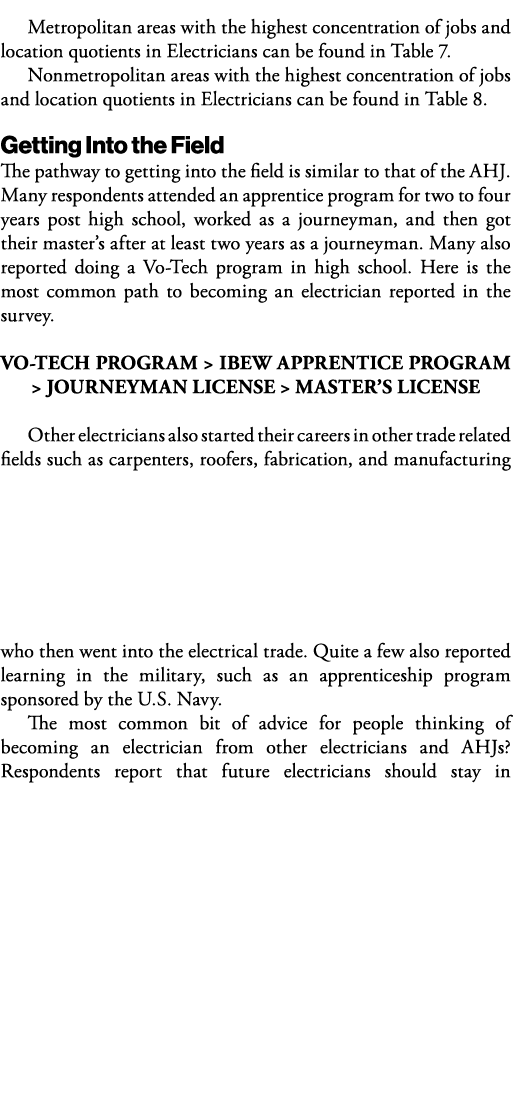 Metropolitan areas with the highest concentration of jobs and location quotients in Electricians can be found in Tabl   