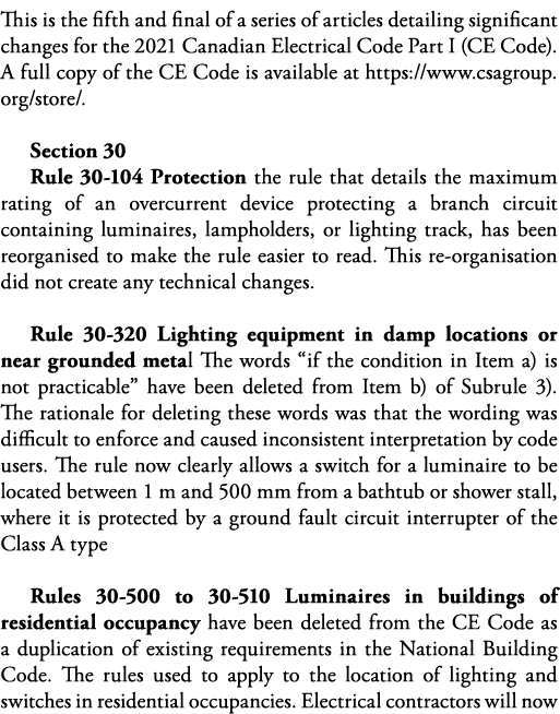 This is the fifth and final of a series of articles detailing significant changes for the 2021 Canadian Electrical Co   