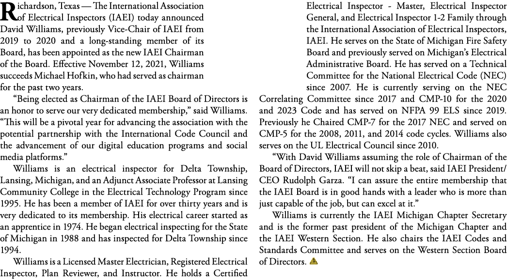 Richardson, Texas — The International Association of Electrical Inspectors (IAEI) today announced David Williams, pre   