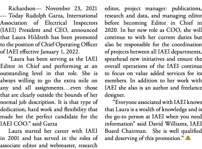 Richardson— November 23, 2021 — Today Rudolph Garza, International Association of Electrical Inspectors (IAEI) Presid   
