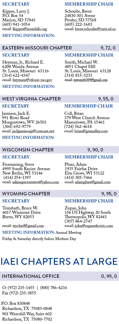            IAEI CHAPTERS AT LARGE          O: (972) 235-1455   (800) 786-4234  Fax (972) 235-3855   P O  Box 830848     