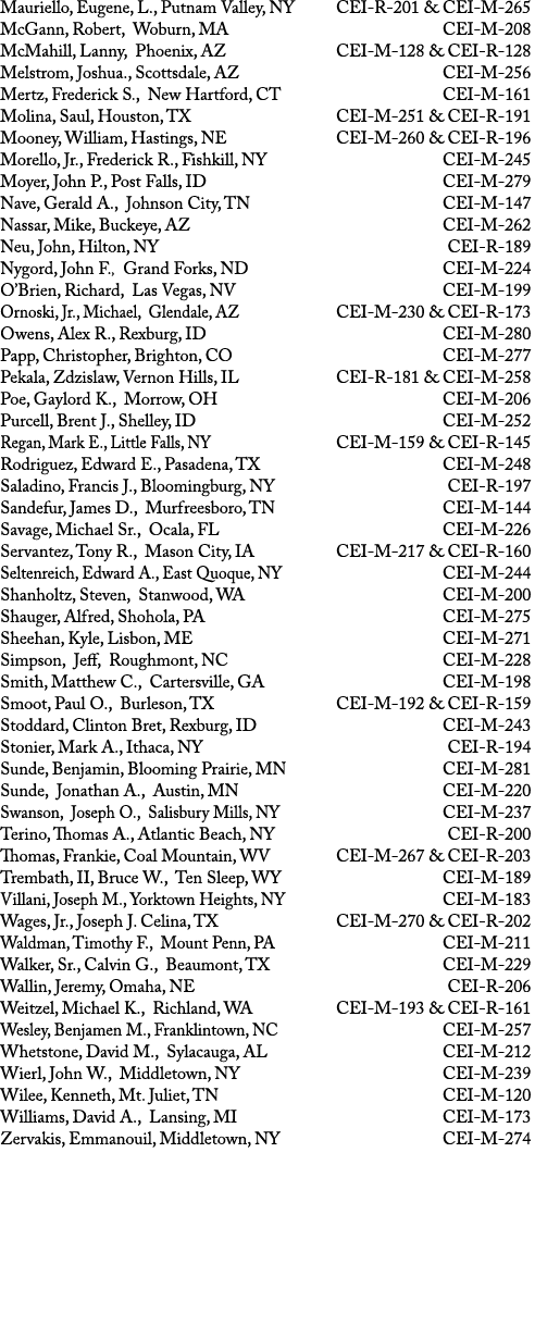 Mauriello, Eugene, L , Putnam Valley, NY CEI-R-201 & CEI-M-265 McGann, Robert, Woburn, MA CEI-M-208 McMahill, Lanny,    