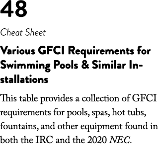 48 Cheat Sheet Various GFCI Requirements for Swimming Pools & Similar Installations This table provides a collection    