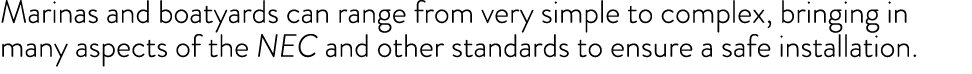 Marinas and boatyards can range from very simple to complex, bringing in many aspects of the NEC and other standards    