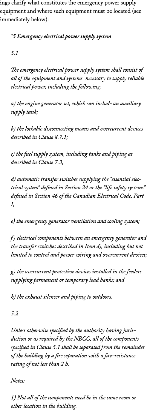 ings clarify what constitutes the emergency power supply equipment and where such equipment must be located (see imme   