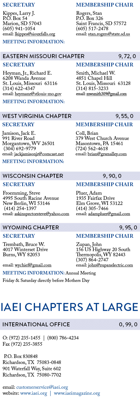            IAEI CHAPTERS AT LARGE          O: (972) 235-1455   (800) 786-4234  Fax (972) 235-3855    P O  Box 830848    