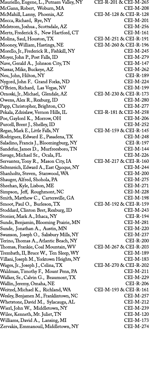 Mauriello, Eugene, L , Putnam Valley, NY CEI-R-201 & CEI-M-265 McGann, Robert, Woburn, MA CEI-M-208 McMahill, Lanny,    