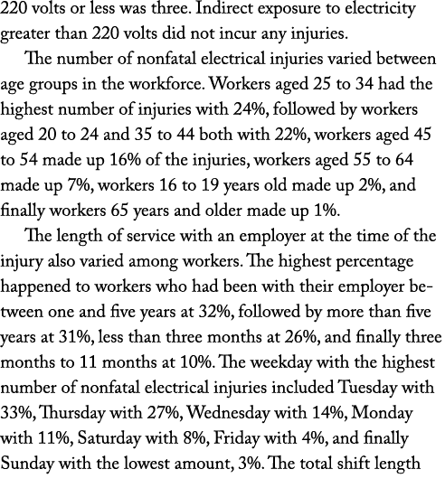 220 volts or less was three  Indirect exposure to electricity greater than 220 volts did not incur any injuries  The    
