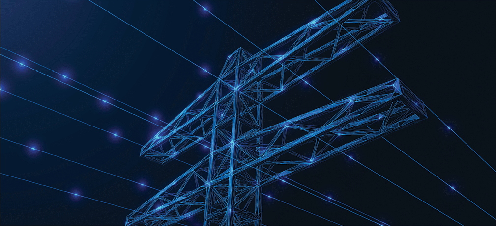High-voltage power line  The tower with its lines of electric current  A low-poly construction of lines and dots  Blue background 