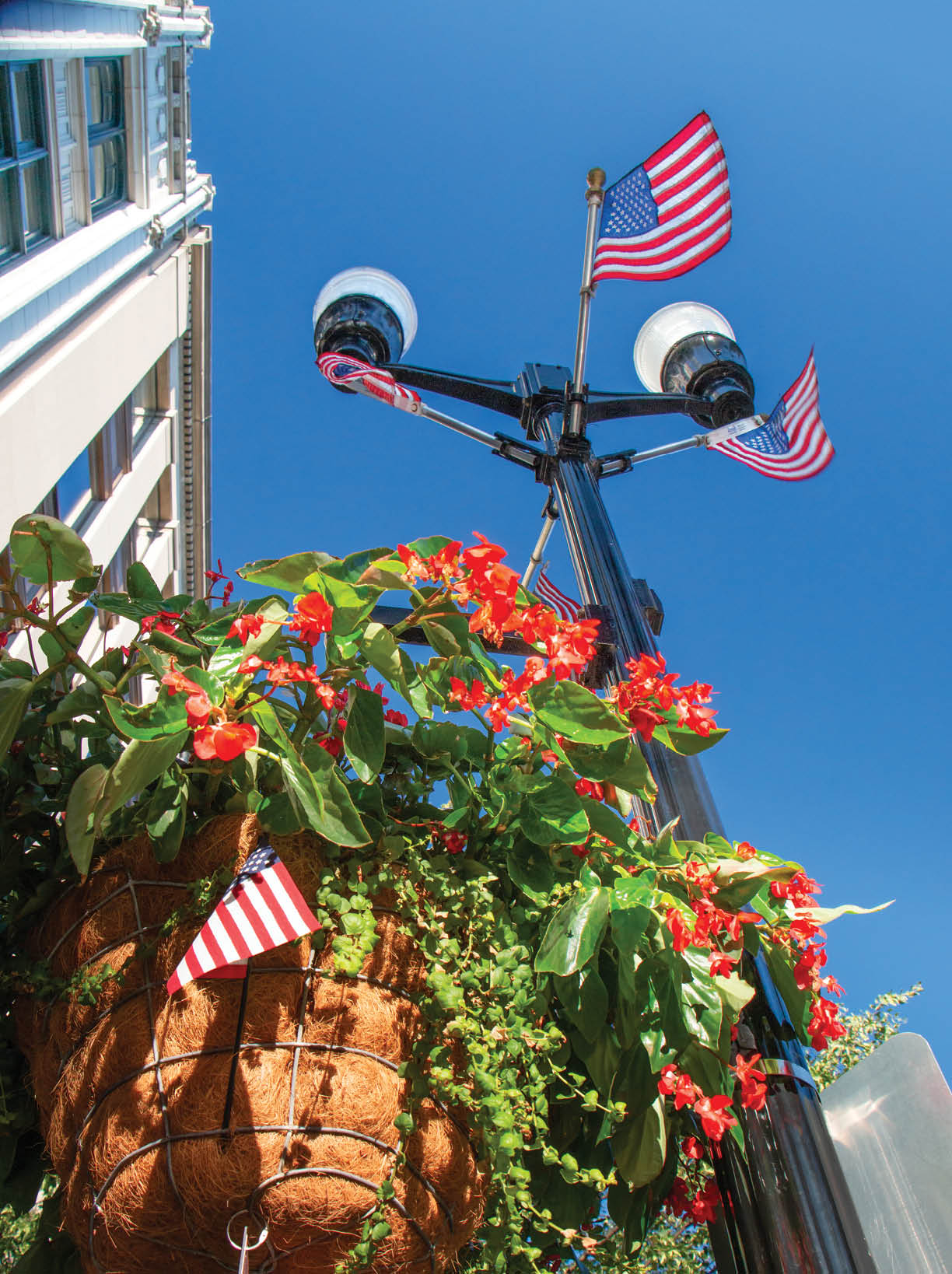 A flag and flower-bedecked streetlight in Lancaster, Pennsylvania to celebrate Independence Day