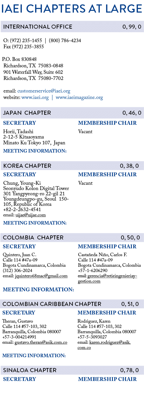 IAEI CHAPTERS AT LARGE          O: (972) 235-1455   (800) 786-4234  Fax (972) 235-3855   P O  Box 830848  Richardson,   