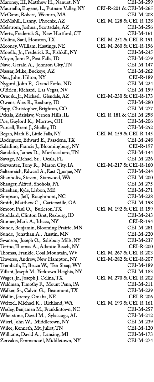 Maroney, III, Matthew H , Nanuet, NY CEI-M-259 Mauriello, Eugene, L , Putnam Valley, NY CEI-R-201 & CEI-M-265 McGann,   