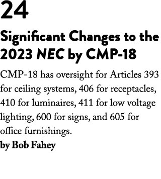 24 Significant Changes to the 2023 NEC by CMP-18 CMP-18 has oversight for Articles 393 for ceiling systems, 406 for r   