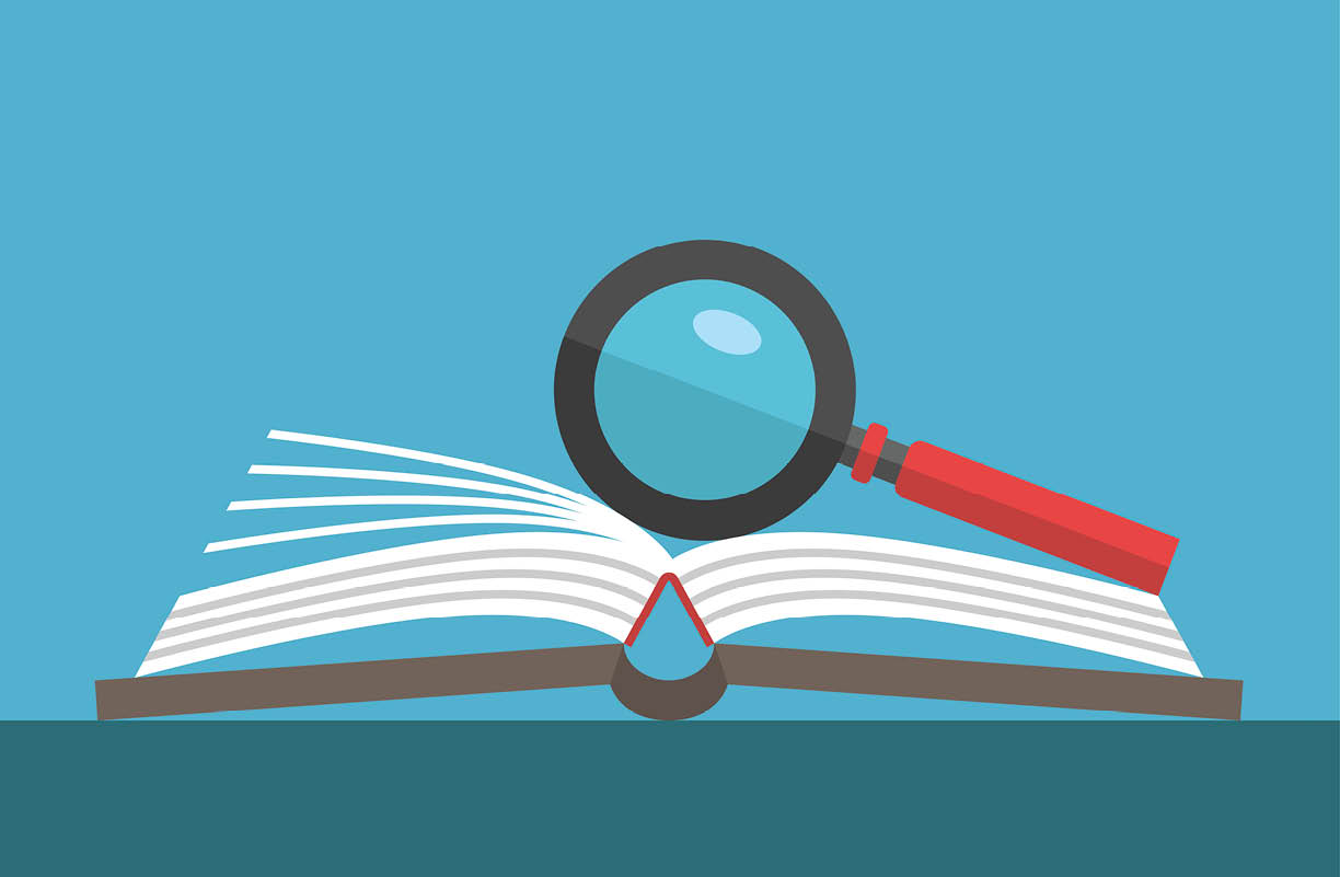 Magnifying glass on open book lying on table on blue background  Education, reading, knowledge and search concept  Flat design  Vector illustration  EPS 8, no transparency