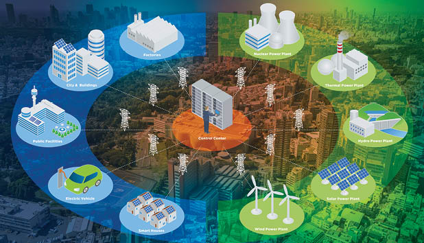 Smart Grid conceptual abstract  Various architectures and applications about renewable energy and modern lifestyle, smart energy network, smart city, internet of things