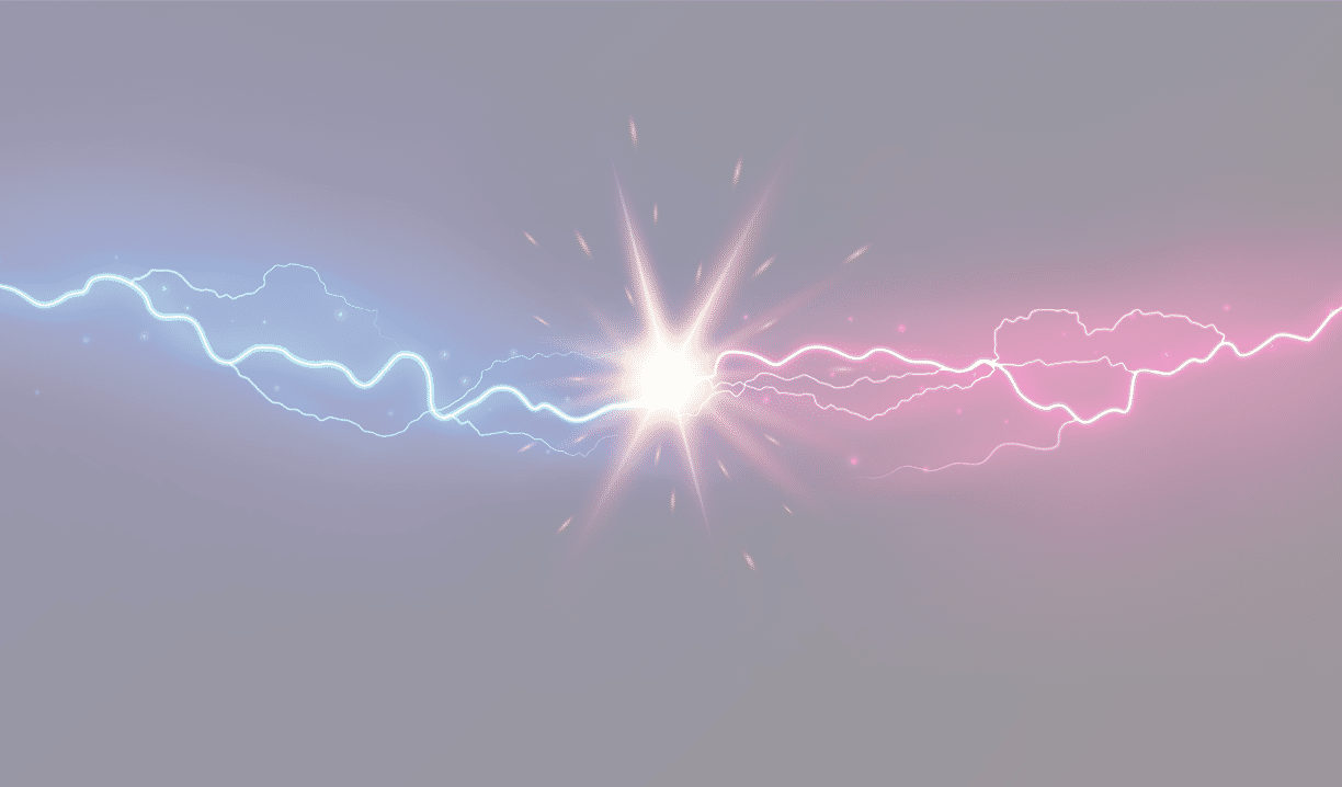 Lightning collision  Powerful colored lightnings, electric forces thunderbolt clash electrical energy sparkling blast, vector versus bright design confrontation concept