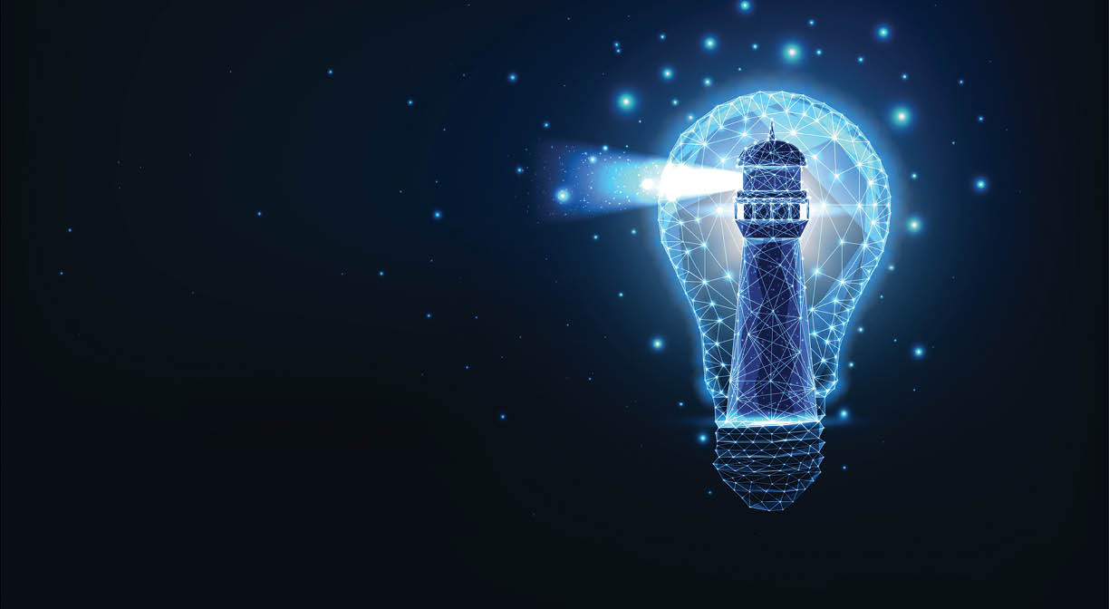 Futuristic smart idea concept with glowing low polygonal lighthouse inside of light bulb isolated on dark blue background  Modern wire frame mesh design vector illustration 