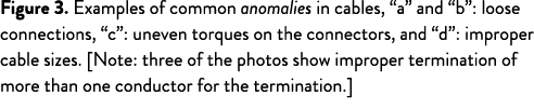Figure 3  Examples of common anomalies in cables,  a  and  b : loose connections,  c : uneven torques on the connecto   