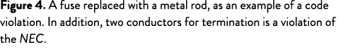 Figure 4  A fuse replaced with a metal rod, as an example of a code violation  In addition, two conductors for termin   