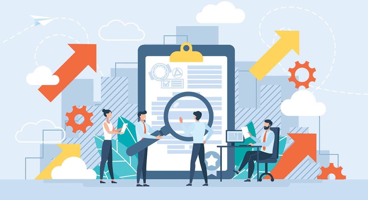 Product certification, performance standard tiny person concept, standard for quality control  Metaphor of research, business control, obtaining a permit, certificate of activity  Flat vector design 