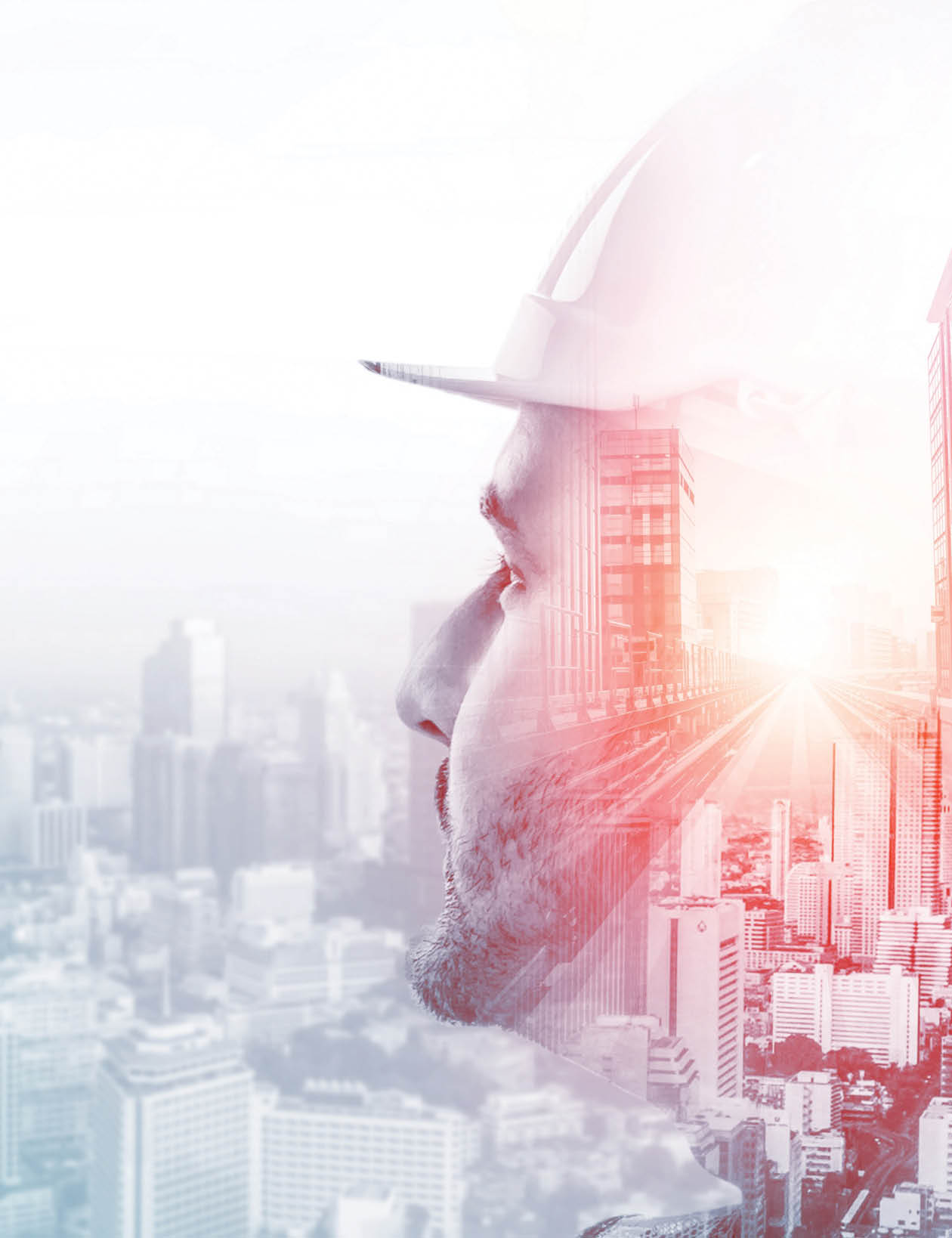 Future building construction engineering project concept with double exposure graphic design. Building engineer, architect people or construction worker working with modern civil equipment technology.