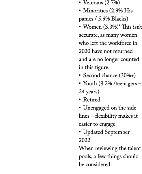 • Veterans (2.7%) • Minorities (2.9% Hispanics / 5.9% Blacks) • Women (3.3%)* This isn’t accurate, as many women who ...