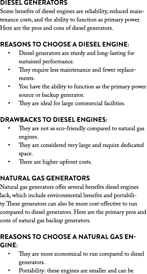 Diesel Generators Some benefits of diesel engines are reliability, reduced maintenance costs, and the ability to func...